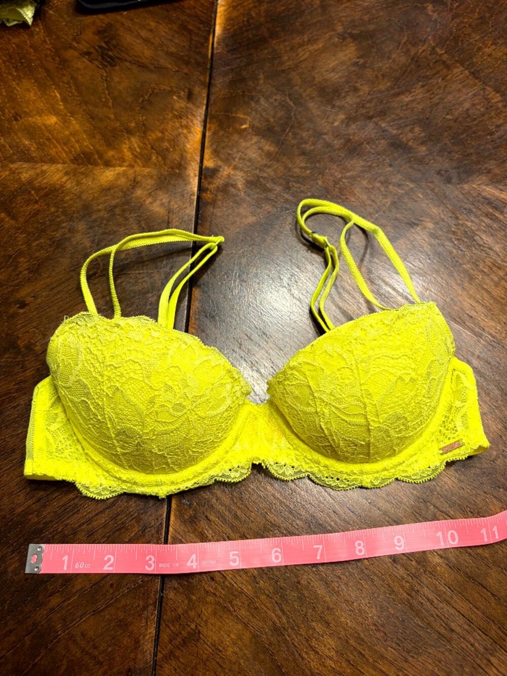 Pink Victoria's Secret Date Push Up Bra Padded underwire Yellow Lace 32A